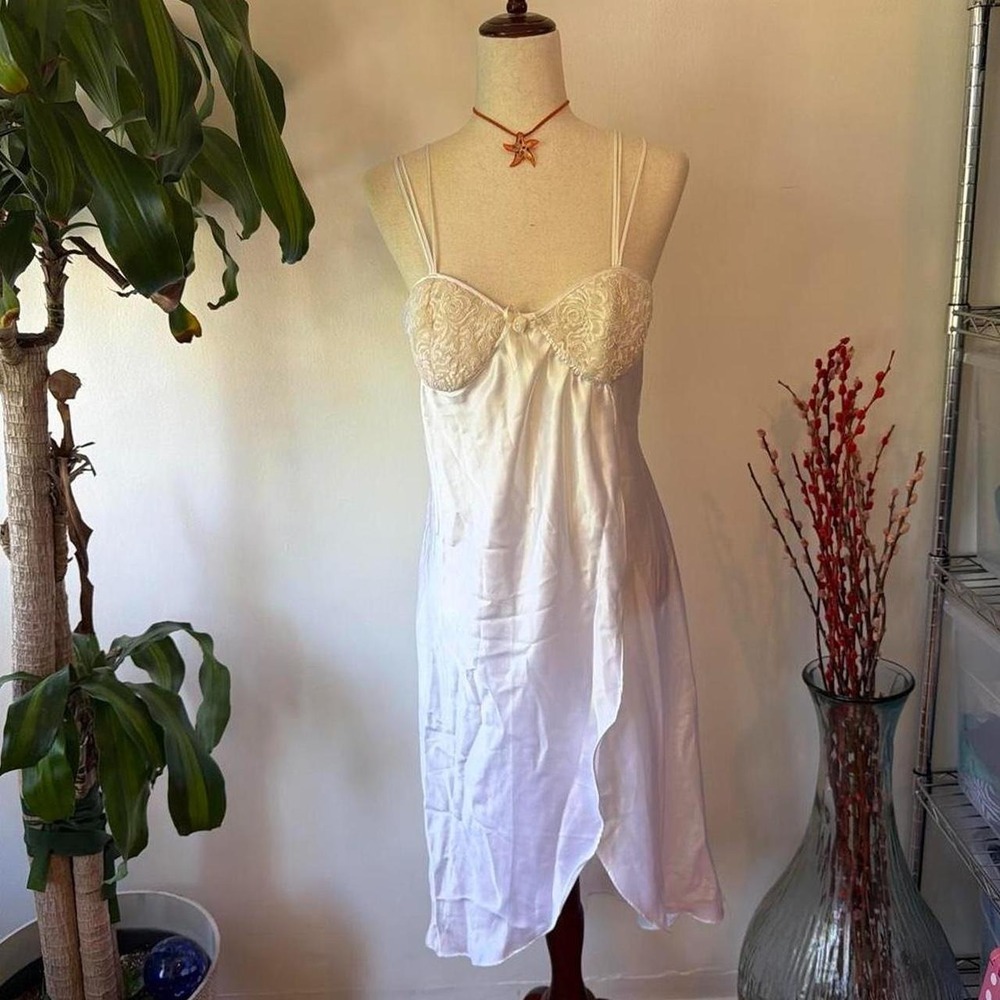 Etienne Vintage 90s White Satin Lace Bust Babydoll Slip Midi Dress Medium